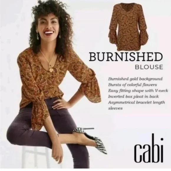 Cabi Burnished Blouse Autumn Floral Brown Orange Blouse Top Bell Sleeve 4042 - Picture 2 of 7